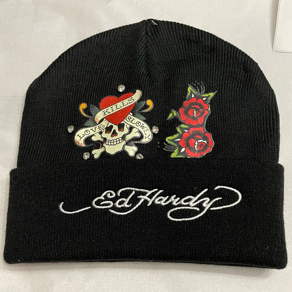 Ed Hardy Black Beanie with Skull and Roses